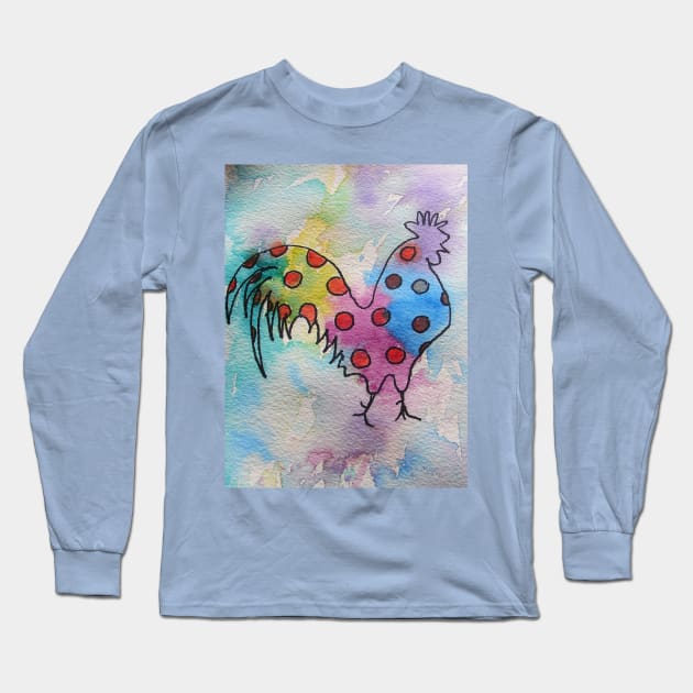 Polka Dot Rooster Watercolor Painting Rainbow Long Sleeve T-Shirt by SarahRajkotwala